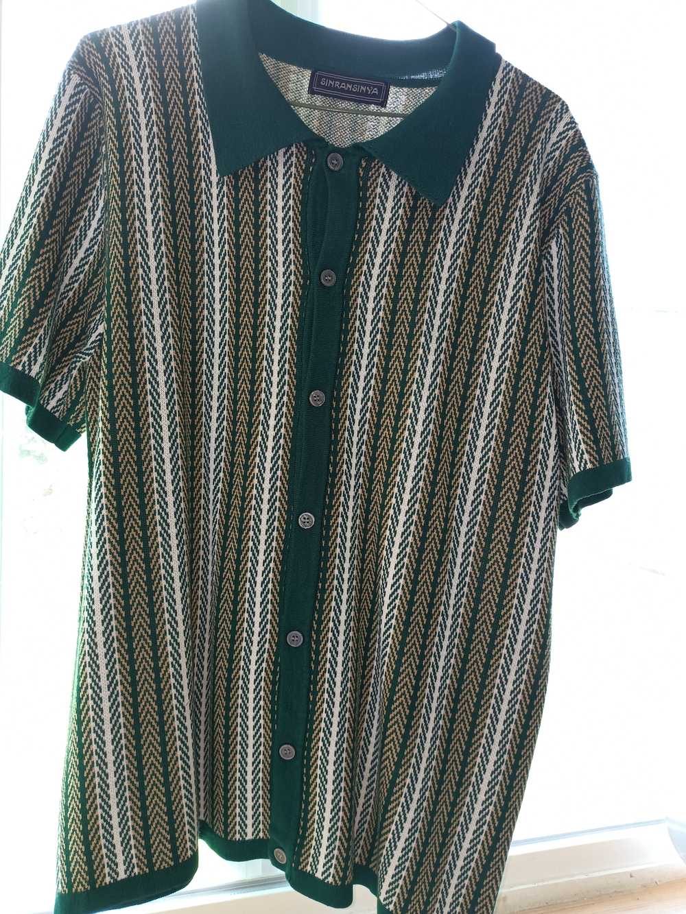 Vintage Green Chevron-Striped Knit Polo Shirt